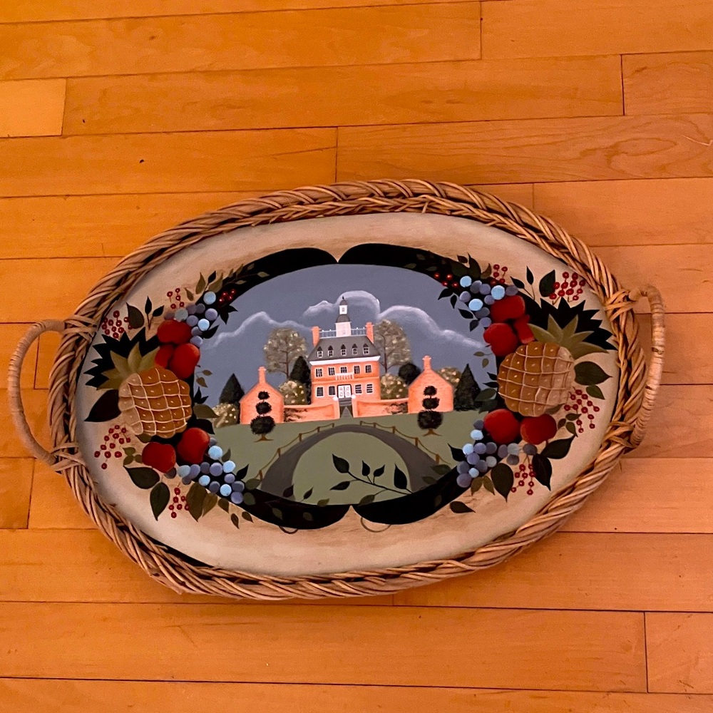 Hand Painted Wicker Tray With Handles